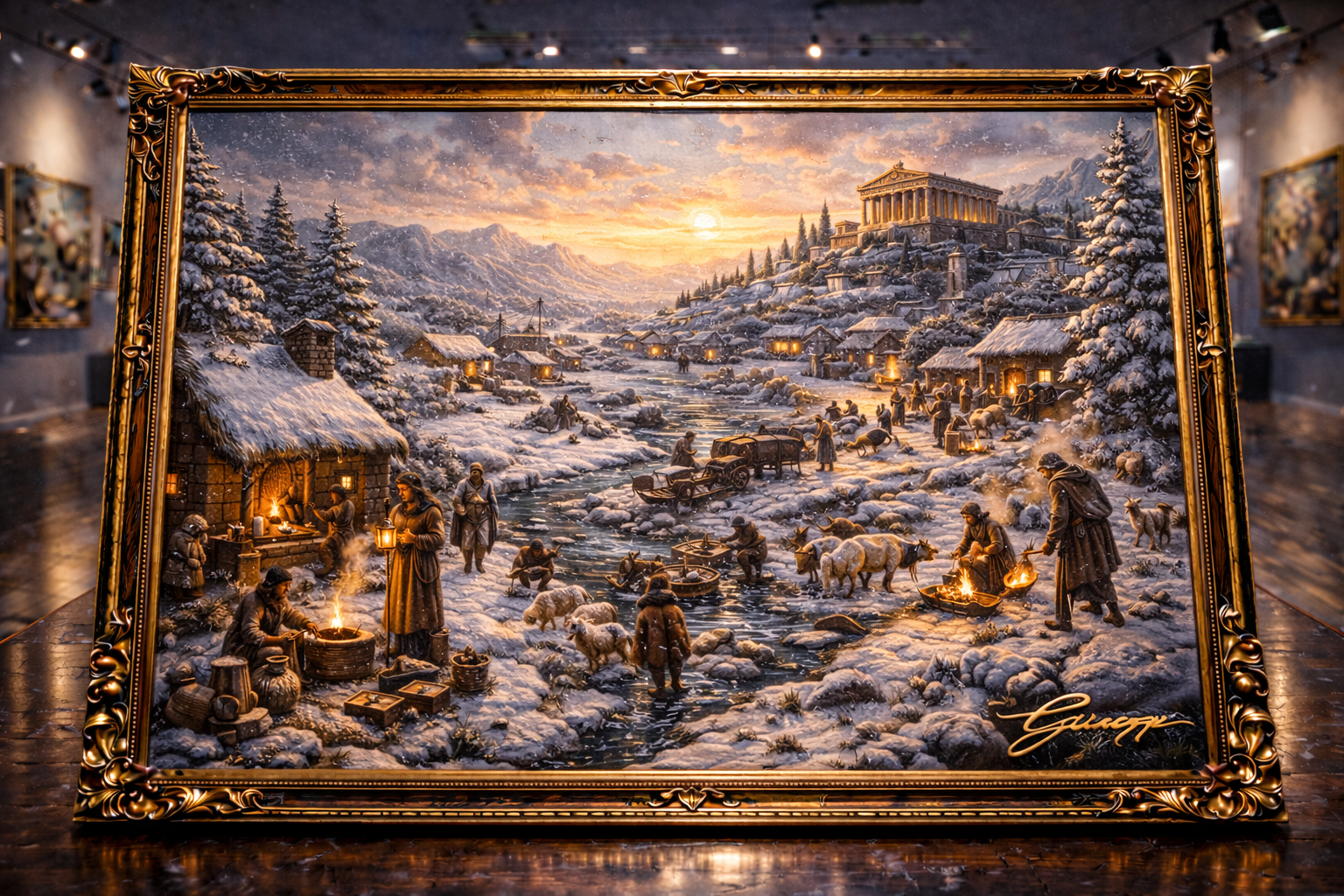 Winter village at sunset