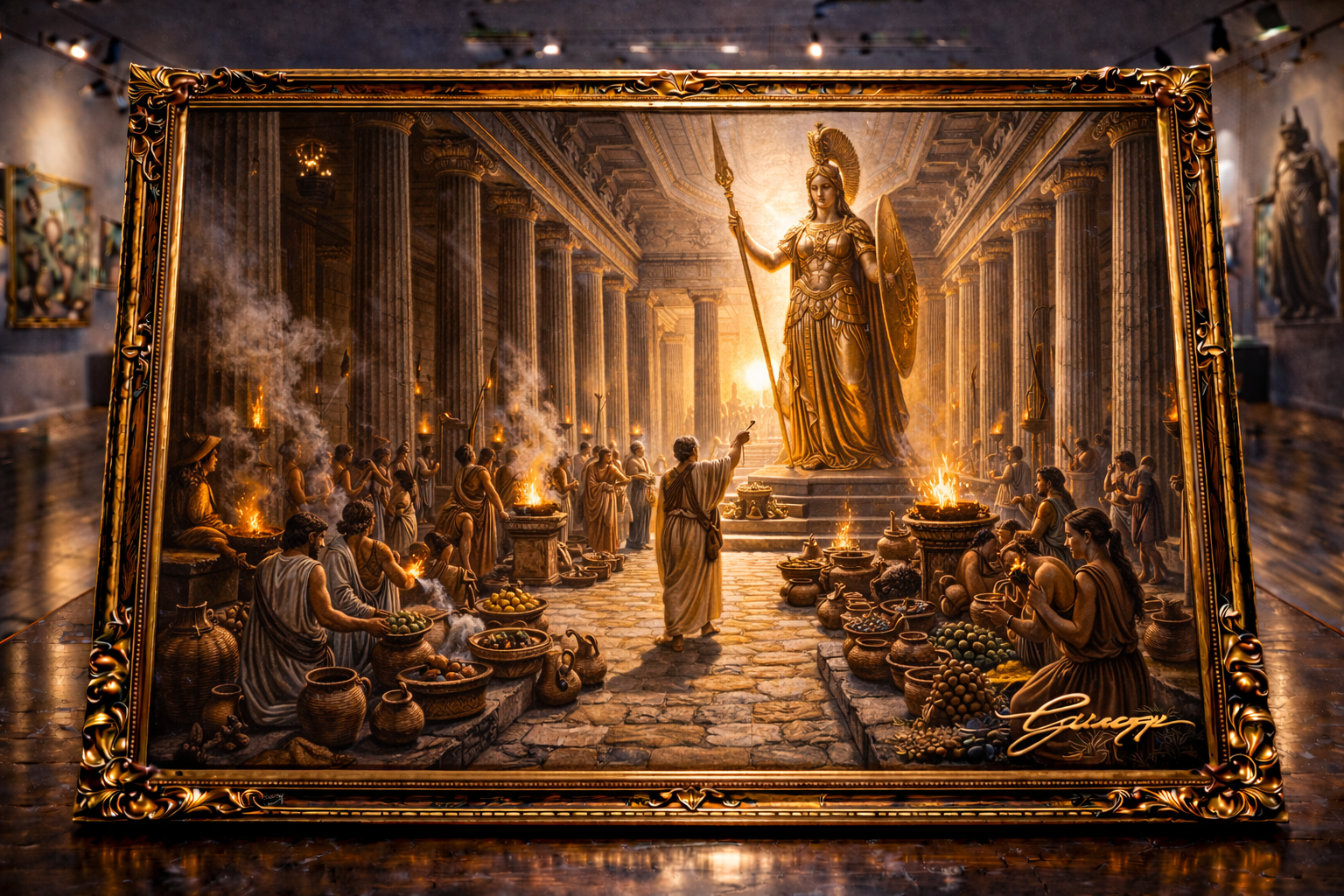 Grand temple worship scene with Athena